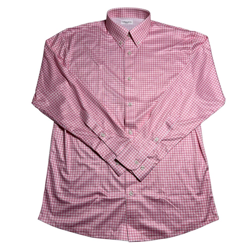 Collars and Co Mens Button Down Shirt Size M Pink Gingham Polo Structured Collar